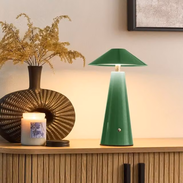 Wyld and Coco Wireless LED Mushroom Table Lamp in Green Metal with Dimmable Touch Control