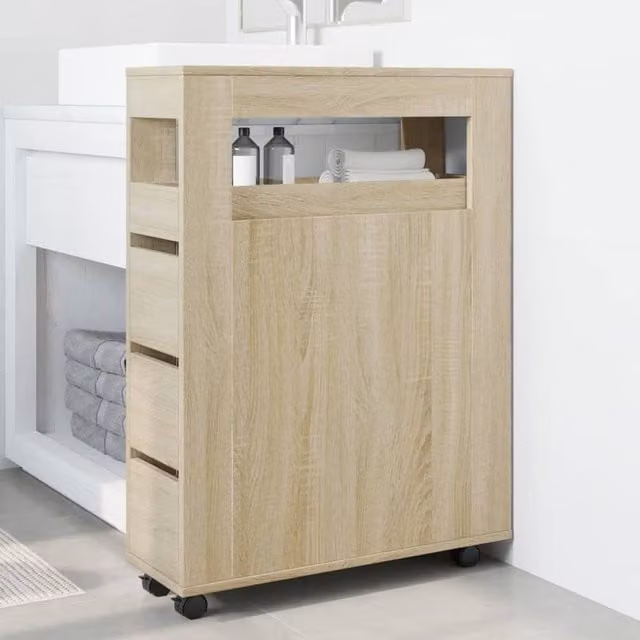 Berkfield Home Narrow Bathroom Cabinet with Wheels in Sonoma Oak and Light Tan, H: 90 cm x W: 65 cm x D: 23 cm