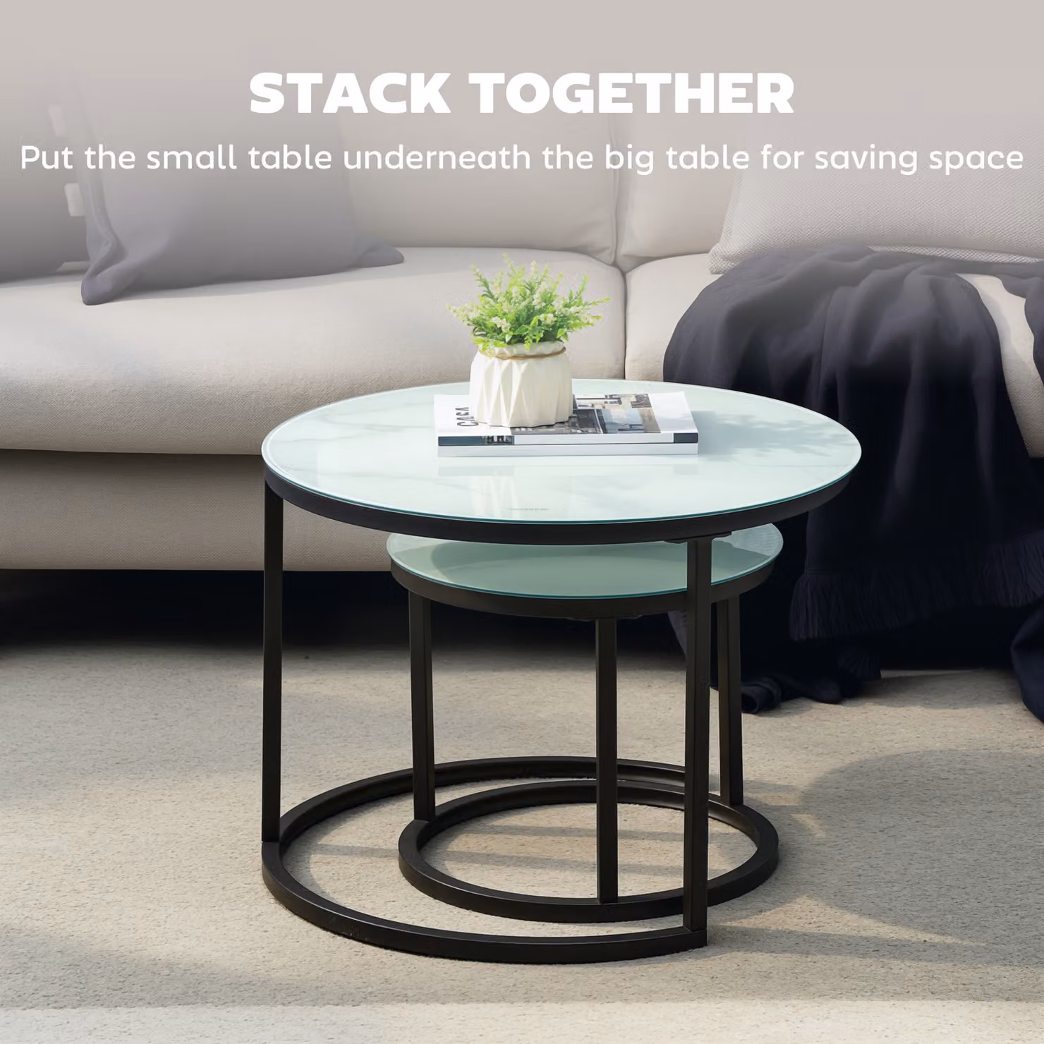 HOMCOM Set of 2 Modern Round Nest of Tables with White Marble-Effect Tempered Glass Tops – 4