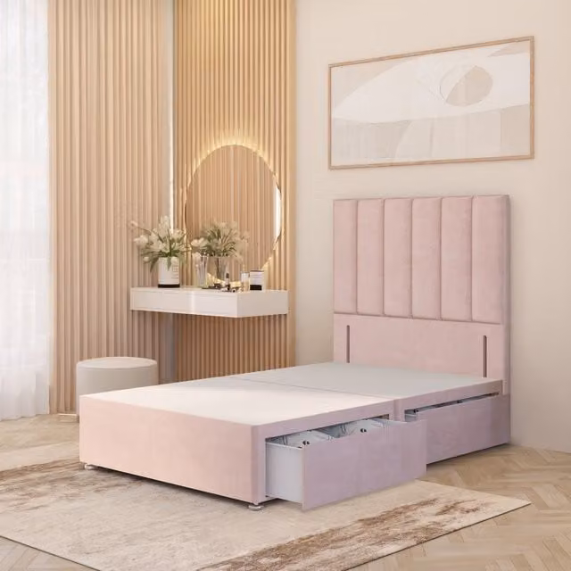 Somnior Beds Ltd Austin Velvet Divan Bed Base with Floor Standing Headboard and Drawers, Pink, W/D/H: 180 x 200 x 34.5 cm