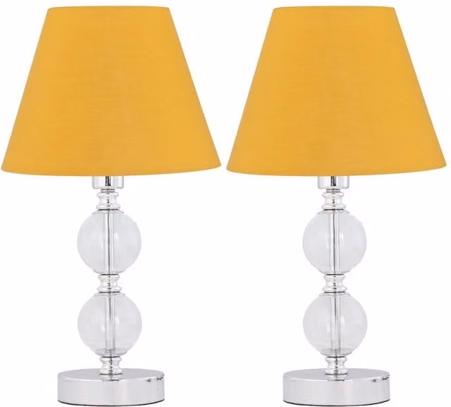 First Choice Lighting Set of 2 Chrome Two Ball Table Lamps with Yellow Fabric Shades