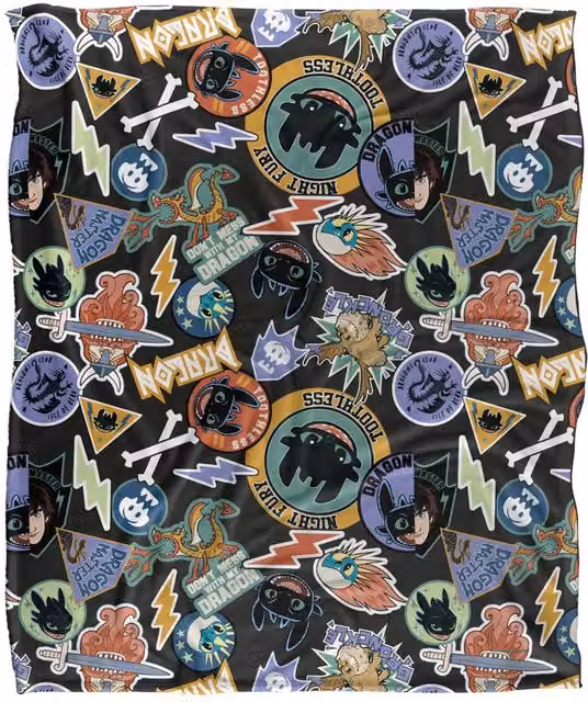 NBCU Toothless Dragon Badges Super Soft Fluffy Throw Blanket, Multicolour, W/D/H: 152.4 x 127.0 cm – 1