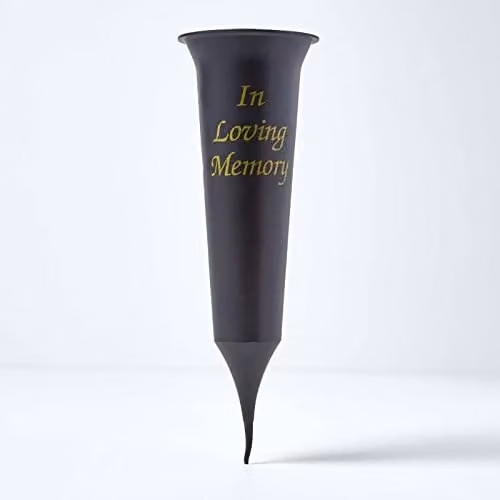 HOMESCAPES In Loving Memory Grave Vase Flute with Ground Spike, Black and Gold, Height: 31 cm – 1