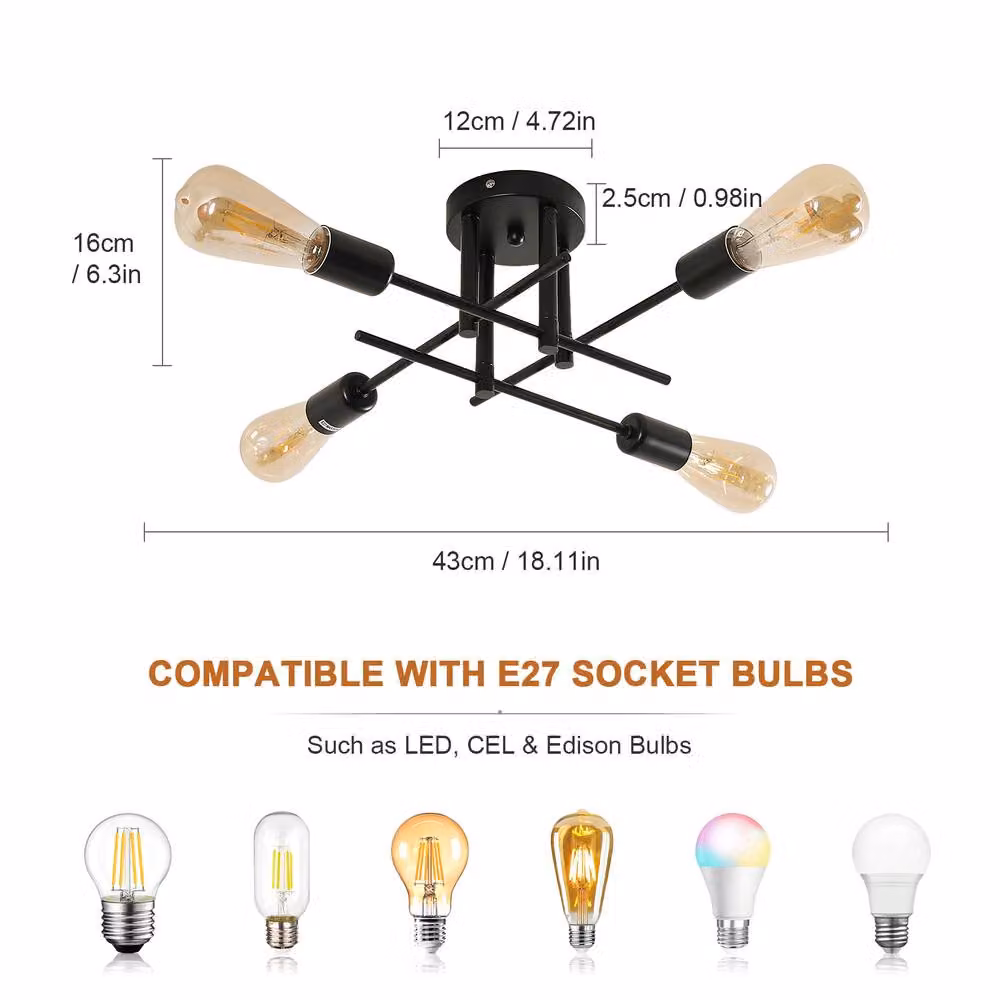 COMELY Industrial 4-Light Sputnik Chandelier, Black Metal Ceiling Light with E27 Fitting – 3