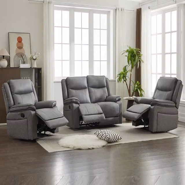 Furniture One Grey Fabric Manual Reclining Sofa Suite Including 3 Seater Sofa, 2 Seater Sofa and Armchair