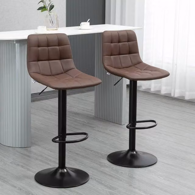 FORGEVIO Set of 2 Adjustable Modern Bar Stools in Brown PU Leather with Metal Frame