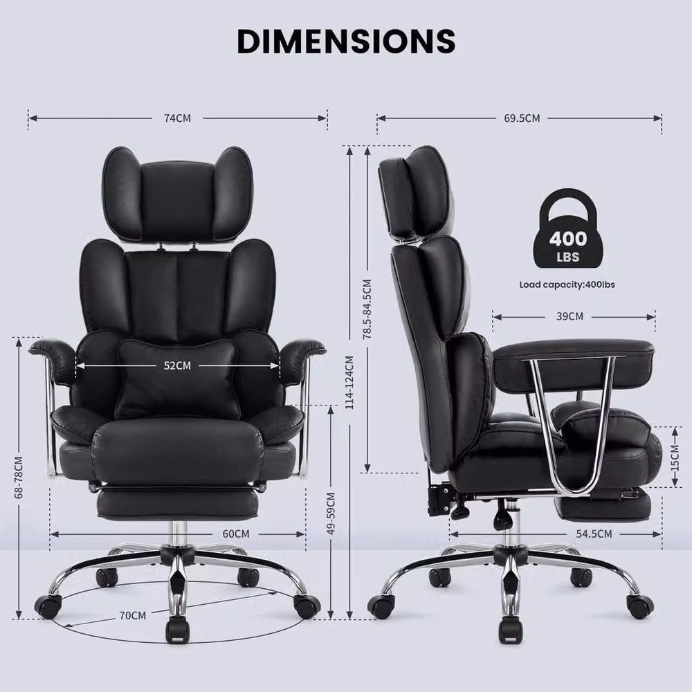 KORVIXA Black Big & Tall PU Leather Swivel Office Desk Chair with Headrest and Armrests – 2