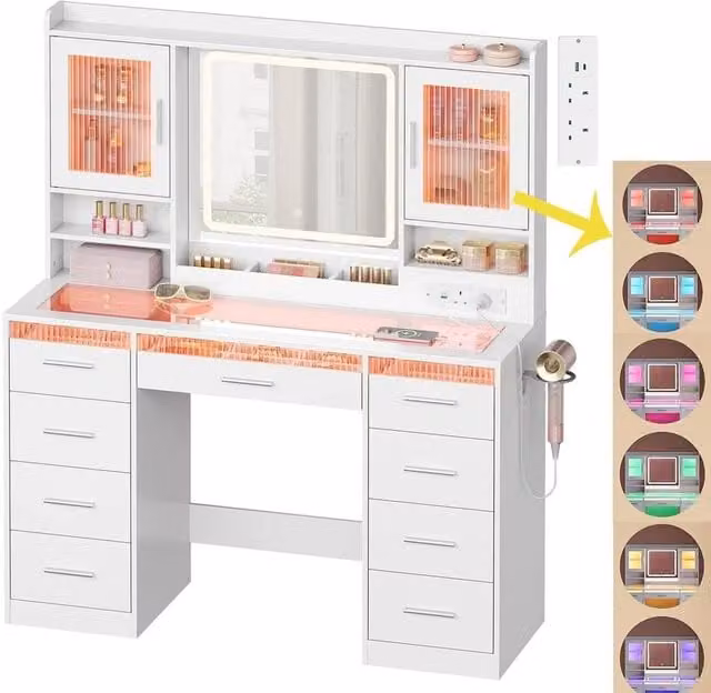 SPETLEK Modern White Dressing Table with Hollywood LED Mirror and 9 Drawers, W/D/H: 140 x 110 x 0 cm