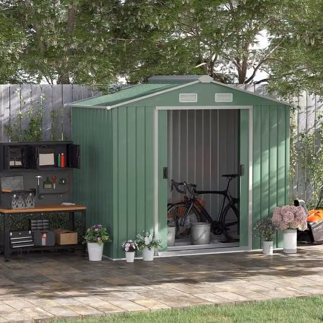 Outsunny Large Galvanised Steel Metal Garden Storage Shed with Sliding Doors and Side Vent, Green