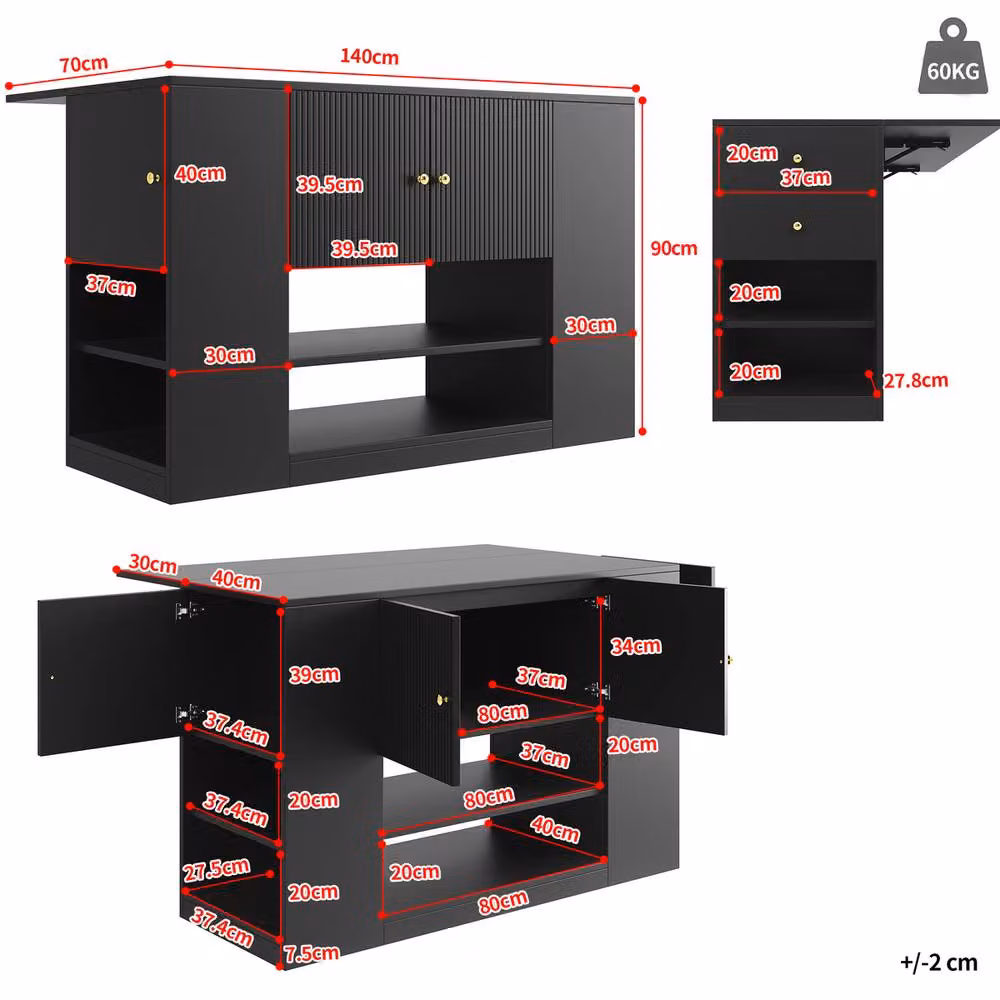 Rolipo Modern Black Kitchen Island with Fold-Down Tabletop and Storage – 5
