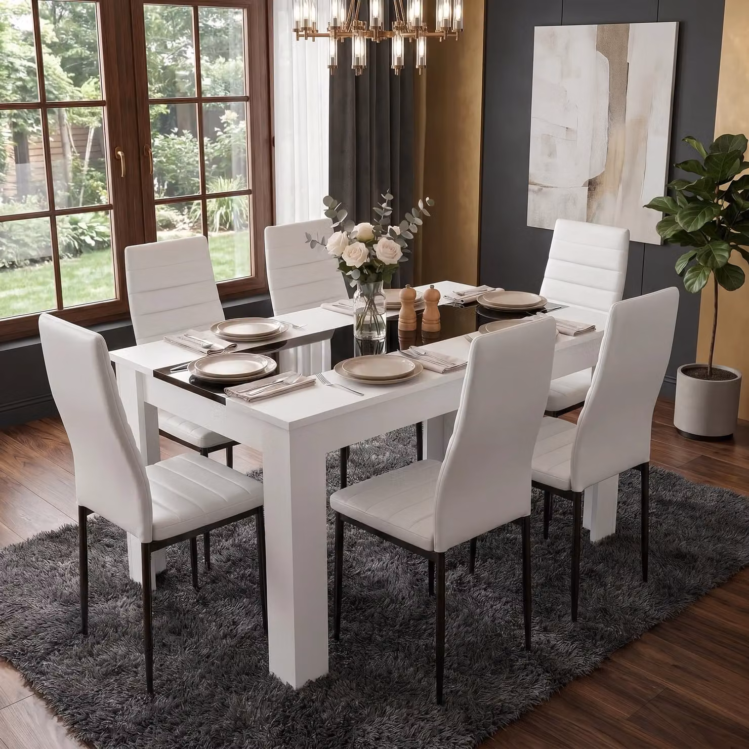 DHS Modern Glossy Rectangular Dining Table and 6 Chairs Set in White, Black and Grey, W/D/H: 140 x 80 x 75 cm