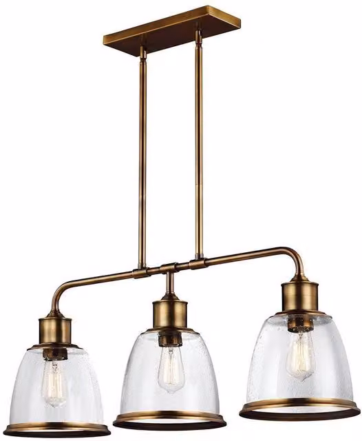 Elstead Hobson 3 Light Industrial Bar Pendant Chandelier in Brass with Transparent Glass Shades, E27