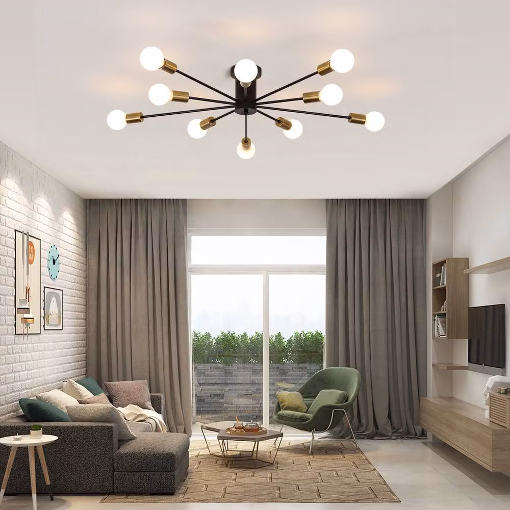 NIVOR Mid Century 10-Light Sputnik Chandelier in Black and Gold/Brass with E27 Ceiling Lamp – 3