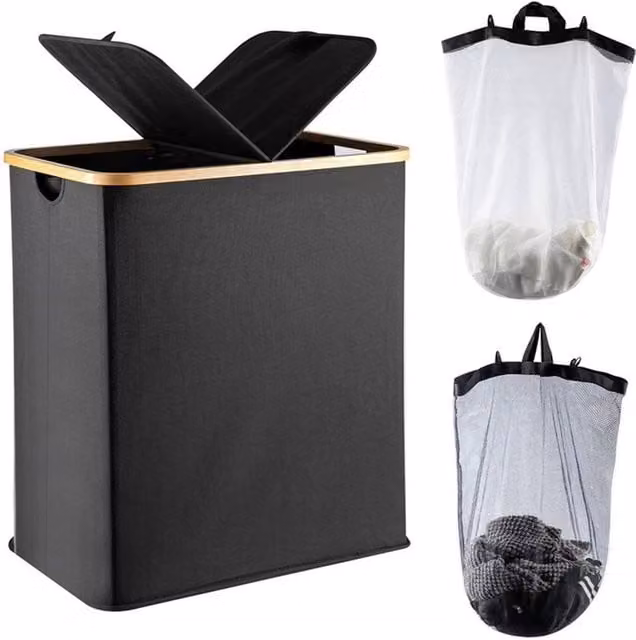 Nordara 140L Laundry Basket with Lid and 2 Removable Bags in Black – 1