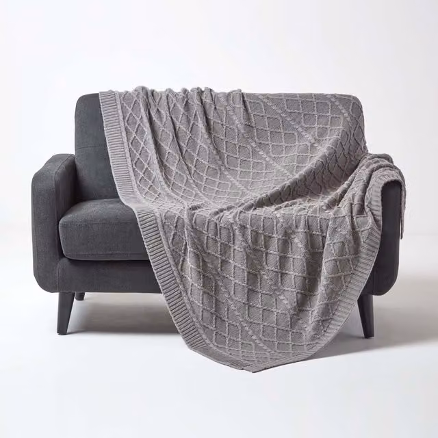 Homescapes Grey Diamond Cable Knit Cotton Throw, W/D/H: 130 x 170 cm