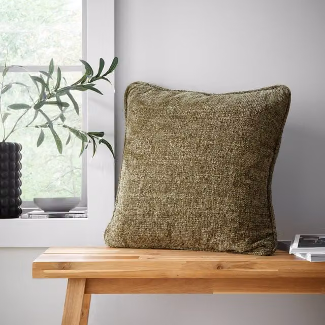 Catherine Lansfield Wilson Plain Chenille Square Filled Cushion, Green, W/D/H: 45 x 45 x 45 cm