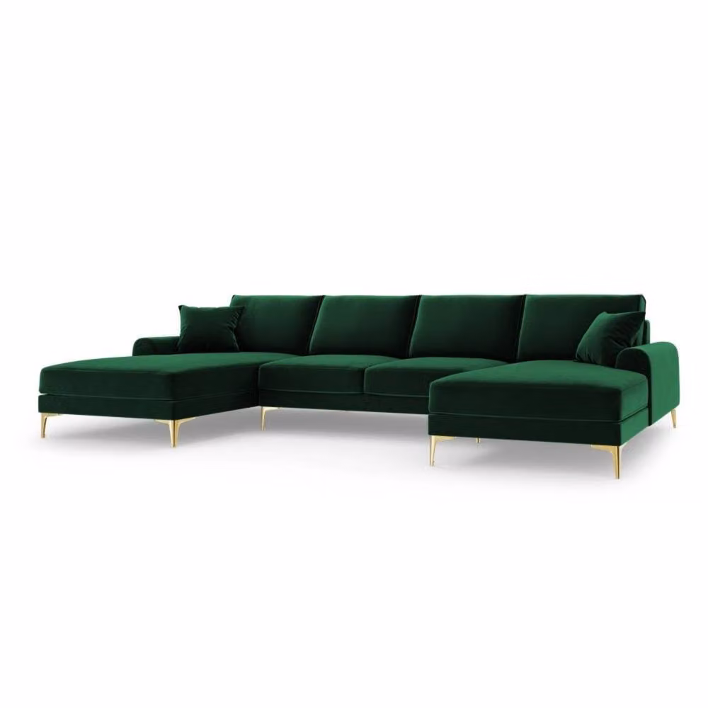 Snug Furniture Birmingham Ltd Monroe Plush U-Shaped Corner Sofa in Green Velvet with Gold Metal Legs – 2