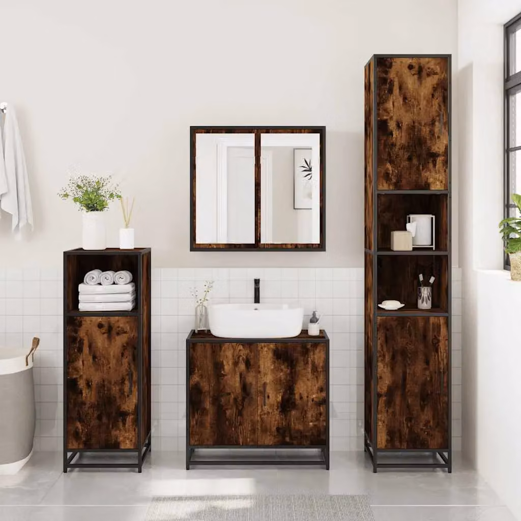 Berkfield Home 3 Piece Industrial Bathroom Furniture Set in Brown Smoked Oak – 2