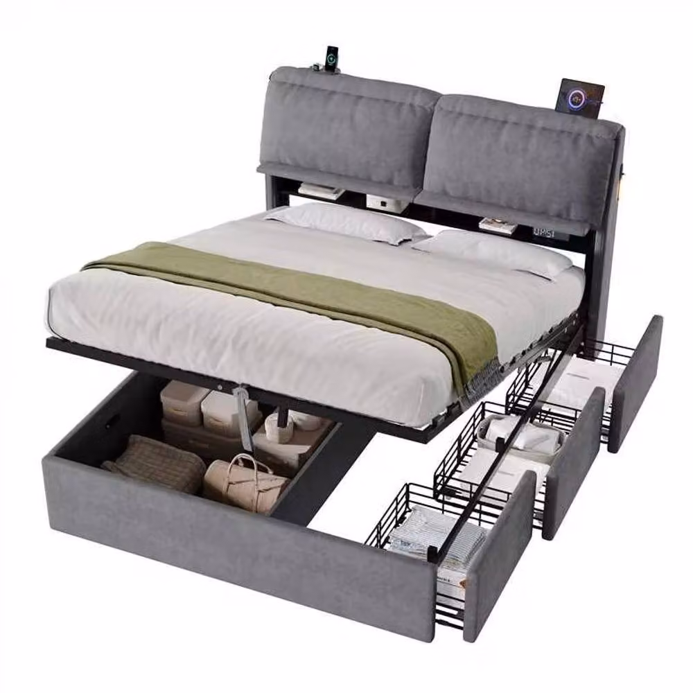 BTM King Size Velvet Hydraulic Bed with LED Under-bed Lighting and Storage Drawers, Grey, W: 180 cm, D: 200 cm – 8