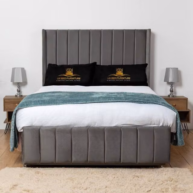 UK Bed Furniture Arizona Wingback Divan Bed Base with 54 Inch Headboard, Charcoal Grey, W/D/H: 140 x 200 cm