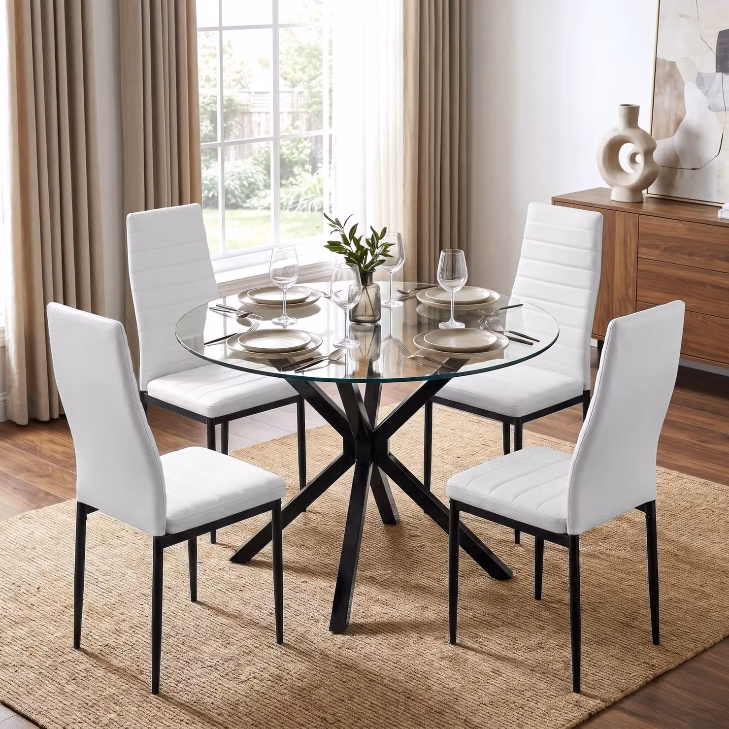 Skyra Round Glass Dining Table and 4 White Chairs Set with X-Frame Design
