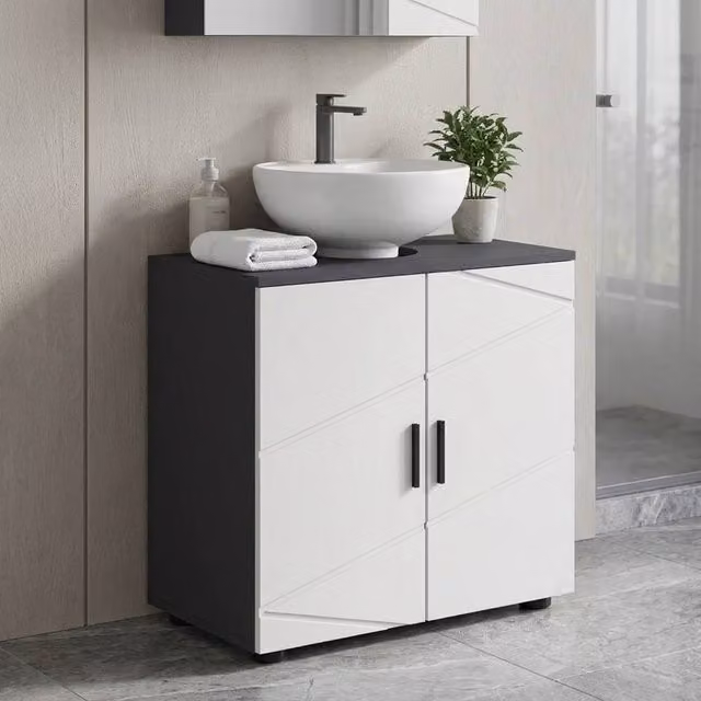 STILVORA Grey Under Sink Bathroom Cabinet with Soft Close Hinged Doors and Internal Shelves – 1