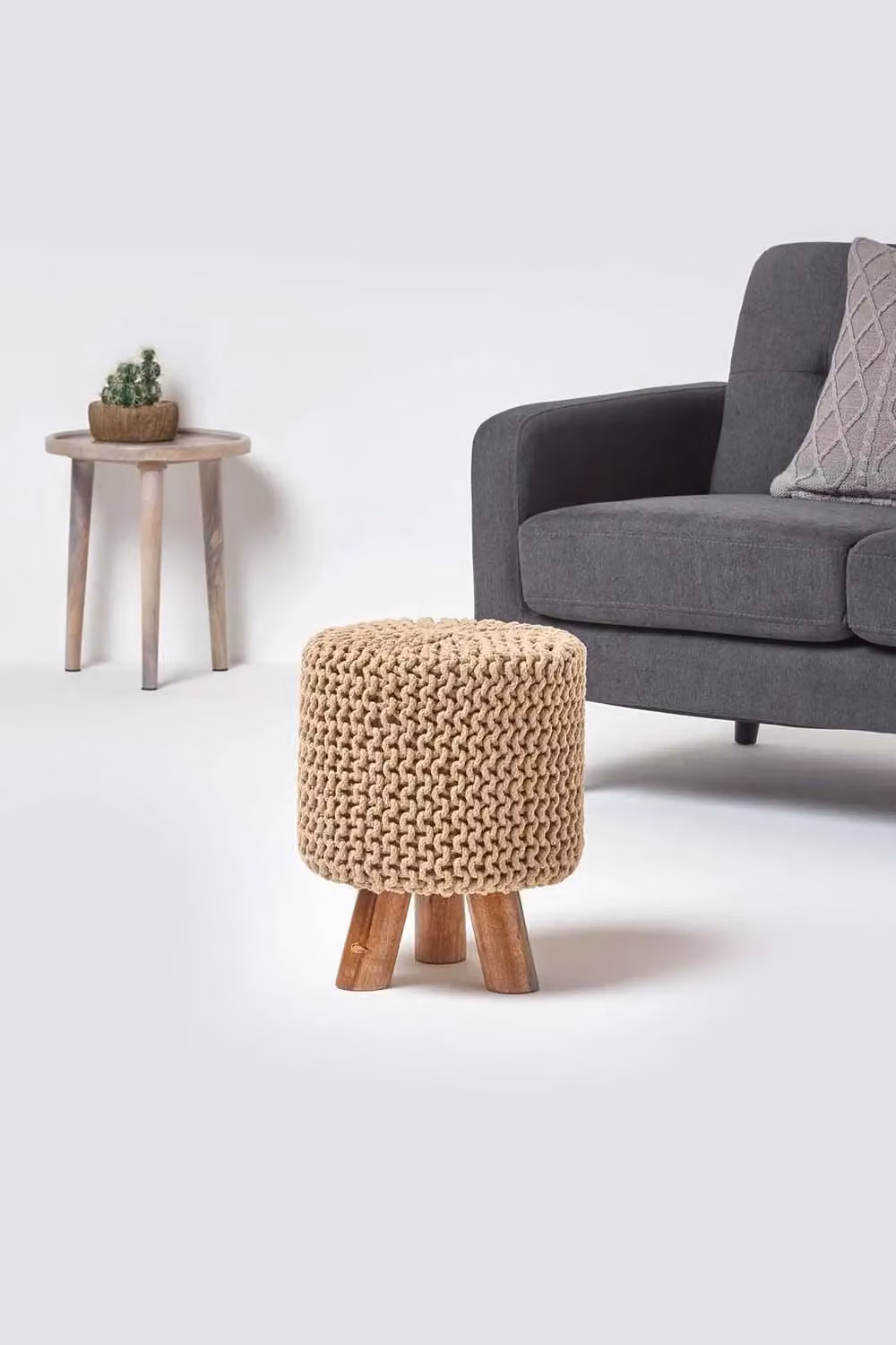 Homescapes Tall Cylindrical Cotton Knitted Footstool with Wood Legs in Beige – 2