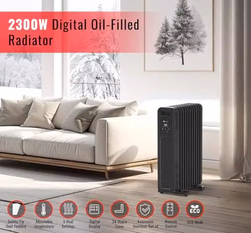 PureMate 2300W Oil Filled Radiator with Remote Control, Black, Freestanding – 8