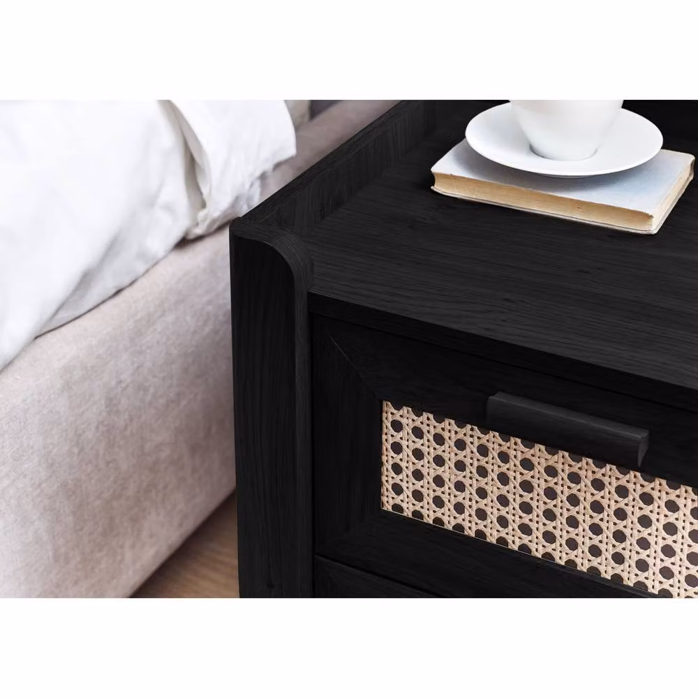 Cheshire Premium Pacifica 2 Drawer Black Ash Bedside Unit with Rattan Details – 8