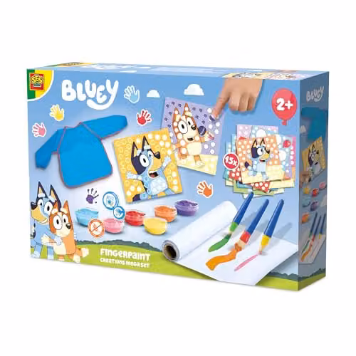 SES Creative Bluey Finger Paint Creations Mega Set with 6 Washable Colours, 15 Bluey and Bingo Cards, Brushes, Apron and 2m Paper Roll, Multicolour – 1
