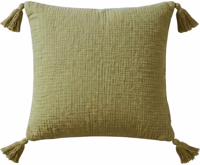 Homescapes Sage Green Muslin Cotton Square Cushion with Removable Cover, W/D/H: 45 x 45 x 45 cm