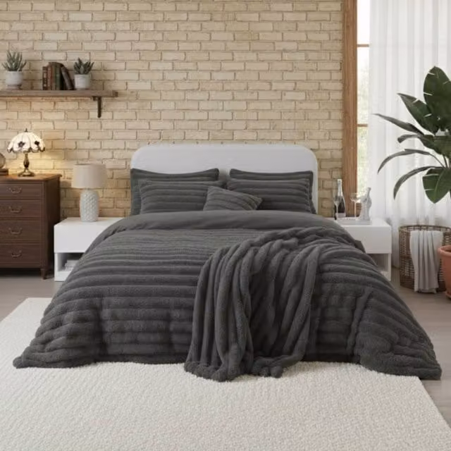 Snug City Luxury Teddy Cord Bedding Set in Grey, Super King Size, 200 x 200 cm