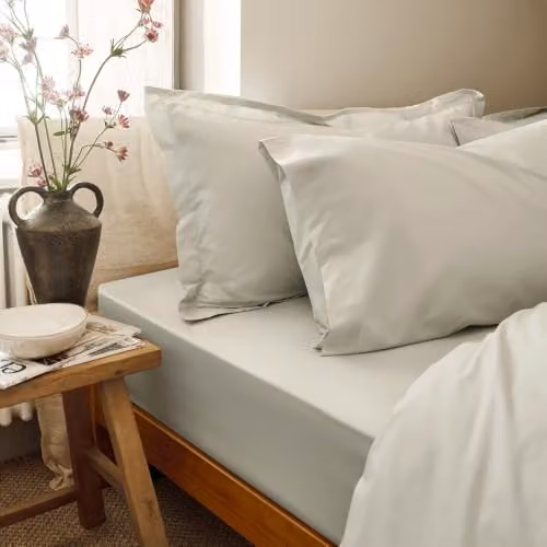 Christy Organic Cotton Percale Fitted Sheet in Beige, W/D/H: 180 x 200 cm