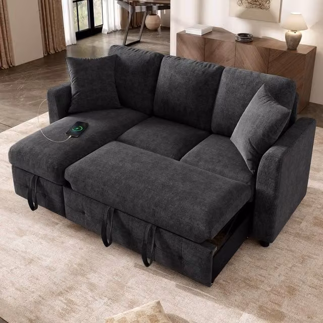 Rolipo Grey Reversible L-Shaped Chenille Fabric Sofa Bed with USB Charging and Storage Chaise