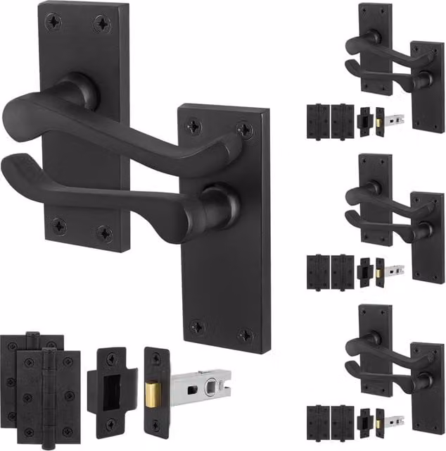 AFIT Matt Black Scroll Handle Latch Hinges Set, 4 Pairs, W/D/H: 15 x 15 x 6.4 cm