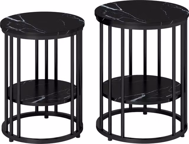 HOMCOM Set of Two Black Marble-Effect Round Coffee Tables with Metal Legs – 1