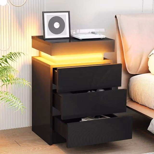 EONLION Black Glossy 3-Drawer Bedside Table with Integrated LED Light – 1