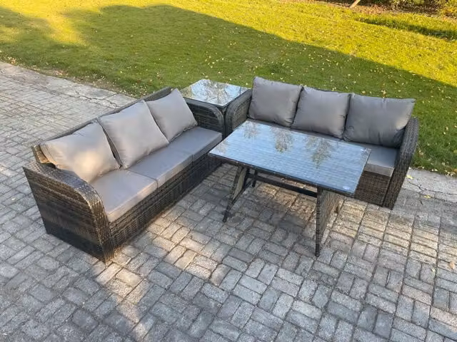 Fimous 6 Seater Rattan Garden Furniture Set with Rectangular Dining Table in Dark Grey