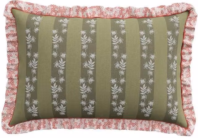 Sanderson Chestnut Tree Stripe Frill Square Cotton Cushion in Green Mix