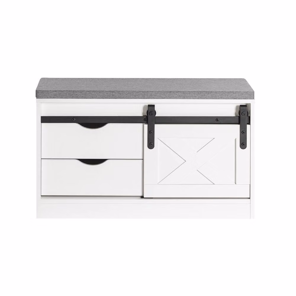 SoBuy Entrance Bench with Storage, Sliding Door and Padded Fabric Seat in White and Grey – 2