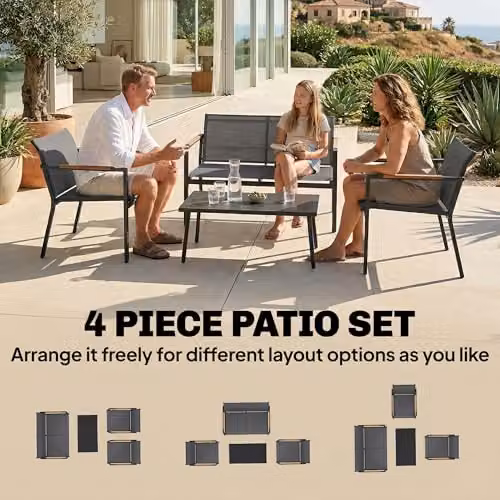 Outsunny 4 Seater Grey Polyrattan Garden Furniture Set with Outdoor 2 Seater Sofa, Lounge Armchairs and Coffee Table – 3