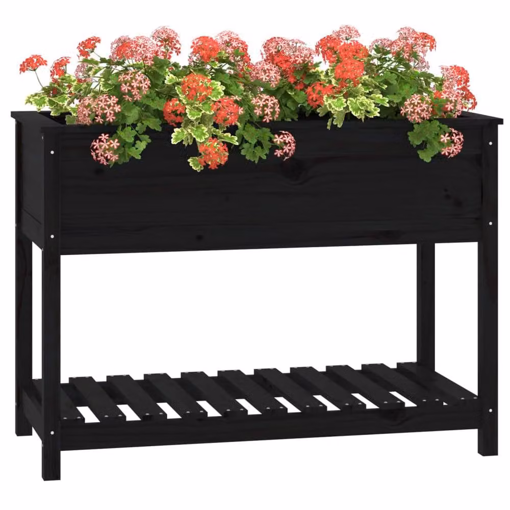 Berkfield Home Black Solid Wood Pine Planter with Shelf, W: 111.5 cm, D: 54 cm, H: 81 cm – 3
