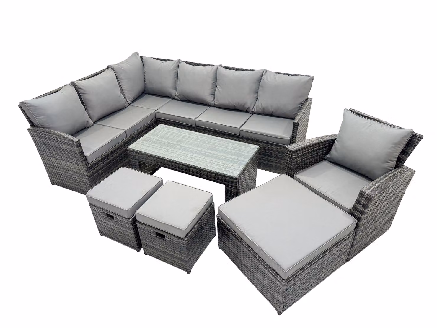 Fimous 10 Seat Outdoor L-Shape Corner Sofa Set with Oblong Coffee Table and Ottoman in Dark Grey – 2
