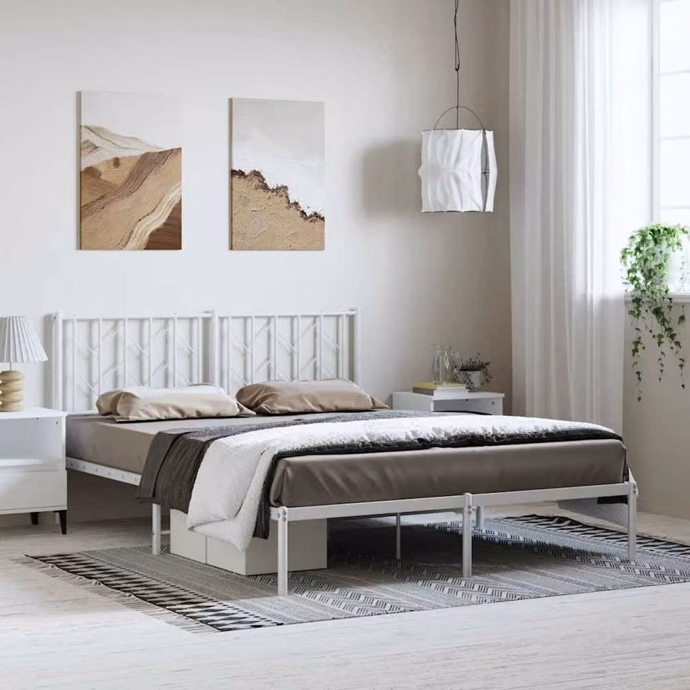 Berkfield Home Metal Bed Frame with Headboard in White, W/D/H: 150 x 200 cm – 2