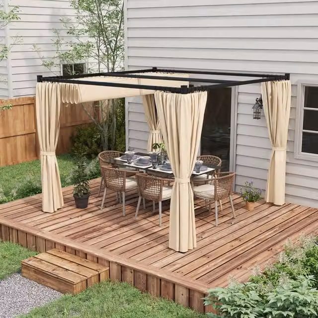 Outsunny Retractable Pergola Canopy with Curtains in Beige