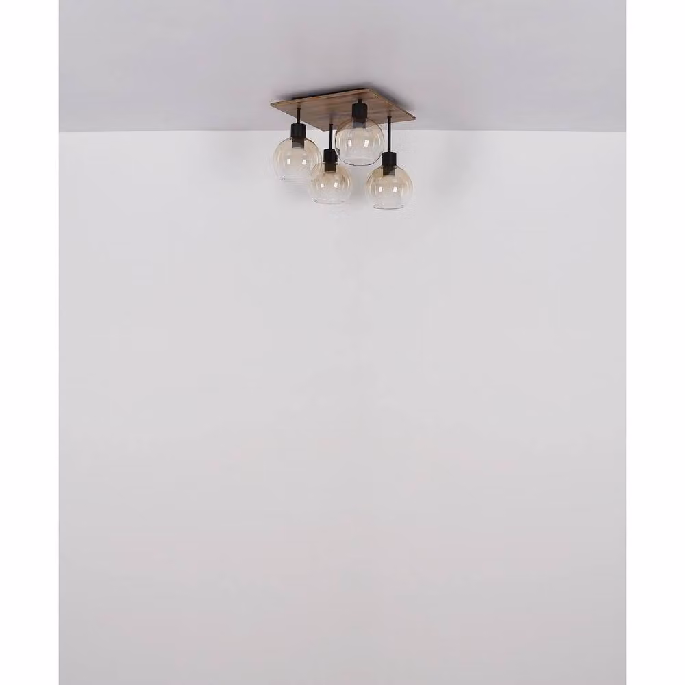 Netlighting Barry I Shade Cluster Ceiling Light in Black and Wood with Amber Transparent Glass Shades, 4x E27 – 4
