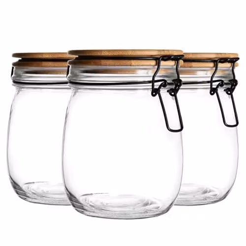 Argon Tableware Glass Storage Jars with Airtight Wooden Clip Lids, 0.75 l, Pack of 3, Transparent – 1