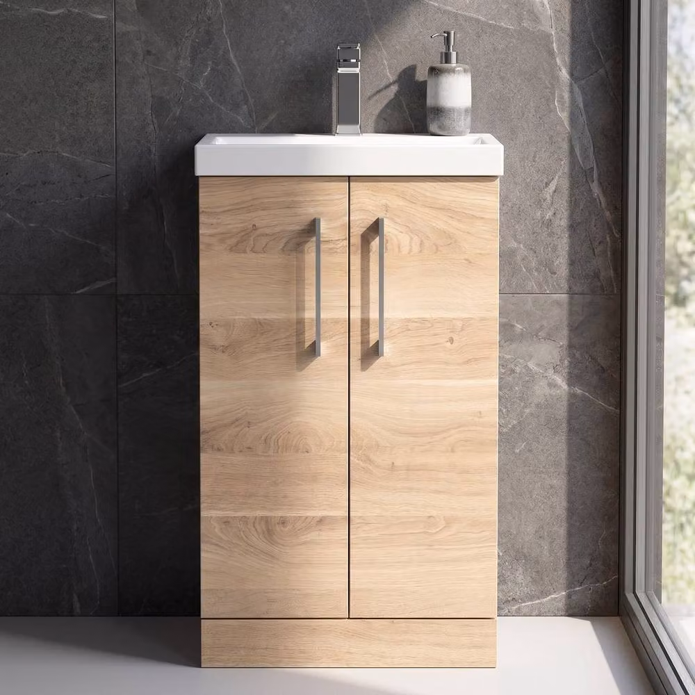 Balterley Contemporary 2-Door Freestanding Bathroom Floor Vanity and Basin in Brown Bleached Oak, W: 50 cm – 3