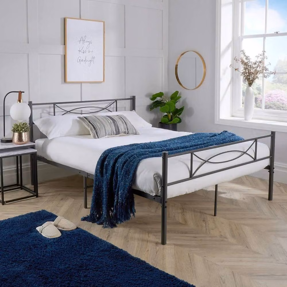 FORGEVIO Industrial Metal Bed Frame with Black Headboard in Matt Dark Grey – 2