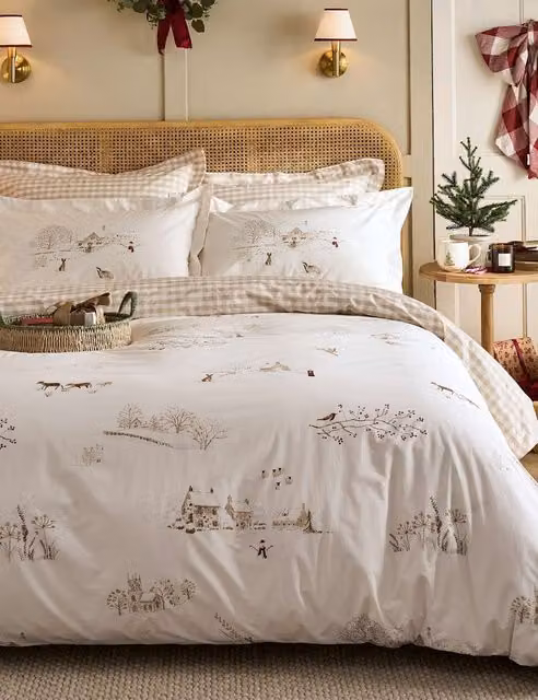 Sophie Allport Reversible Winter Scene Cotton Percale Bedding Set, Beige and White, 90 x 190 cm
